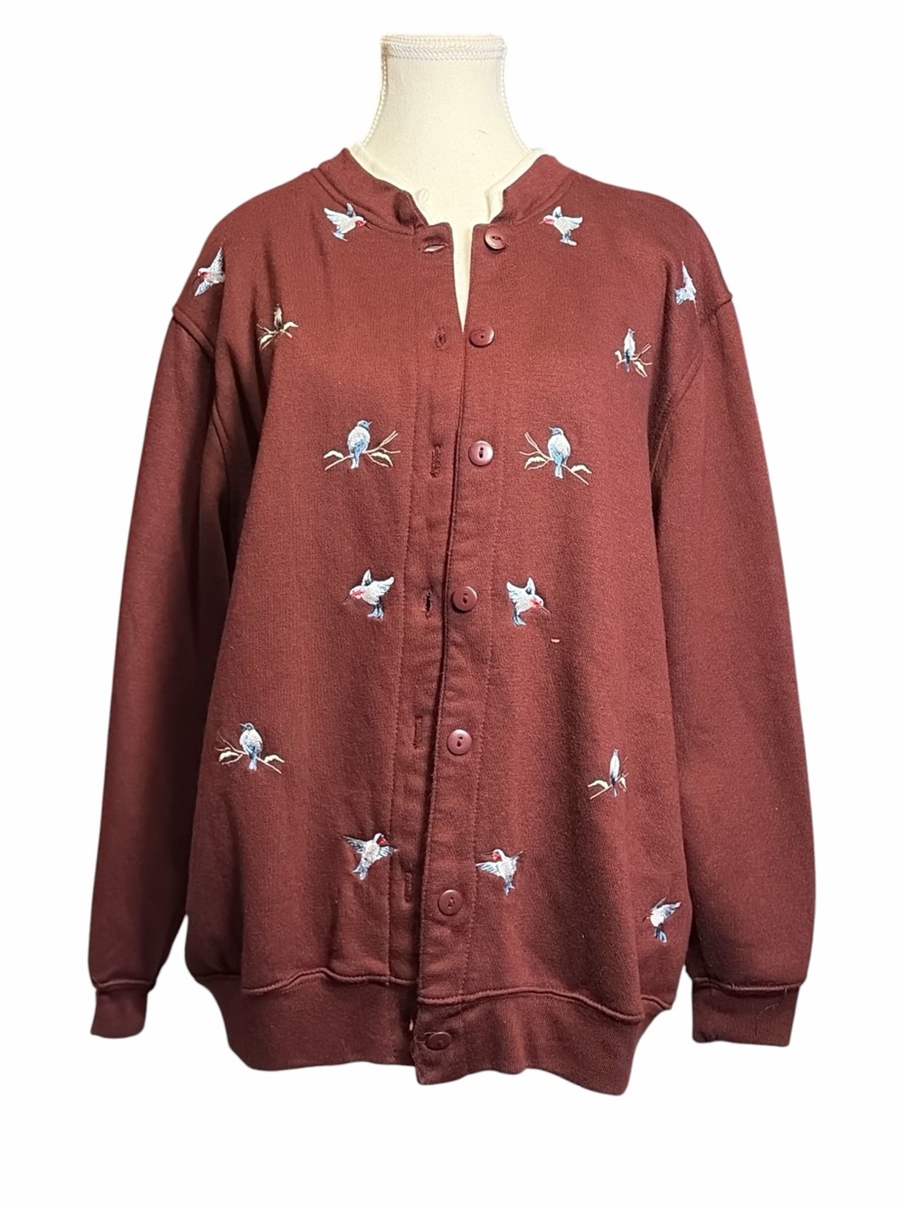 Vintage Button-Front Crewneck Sweater with Embroidered Birds